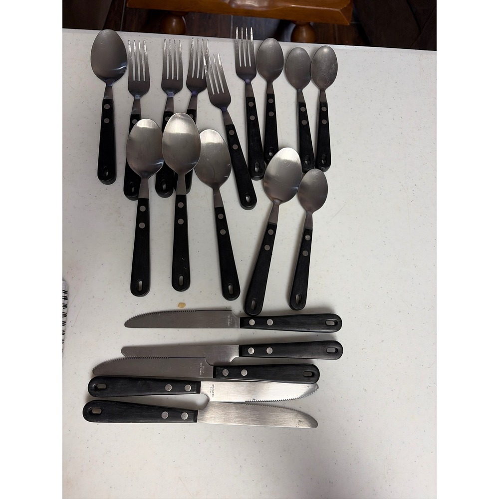 18pc Stainless Steel Flatware Set Black Riveted Handles Cutlery